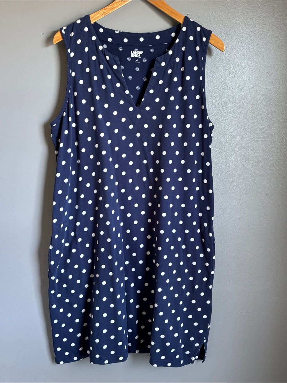 Lands' End Navy & White Polka Dot Sleeveless V‑Neck Dress * sz L